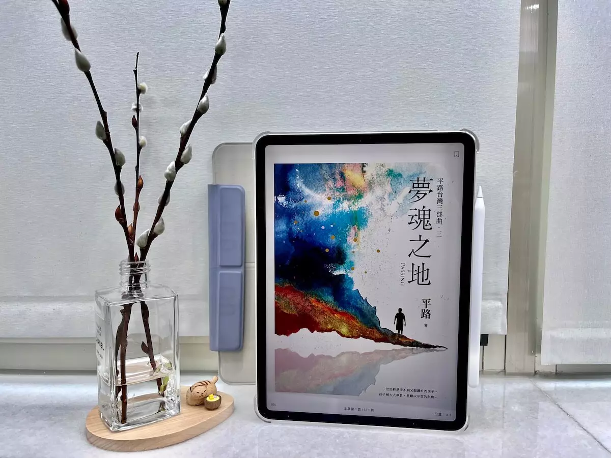 這是一台立在窗邊白色大理石窗台上的iPad Pro，螢幕顯示電子書夢魂之地的封面，平板旁邊有一個玻璃瓶，瓶中有水，還有3枝銀柳置放在木質底座上