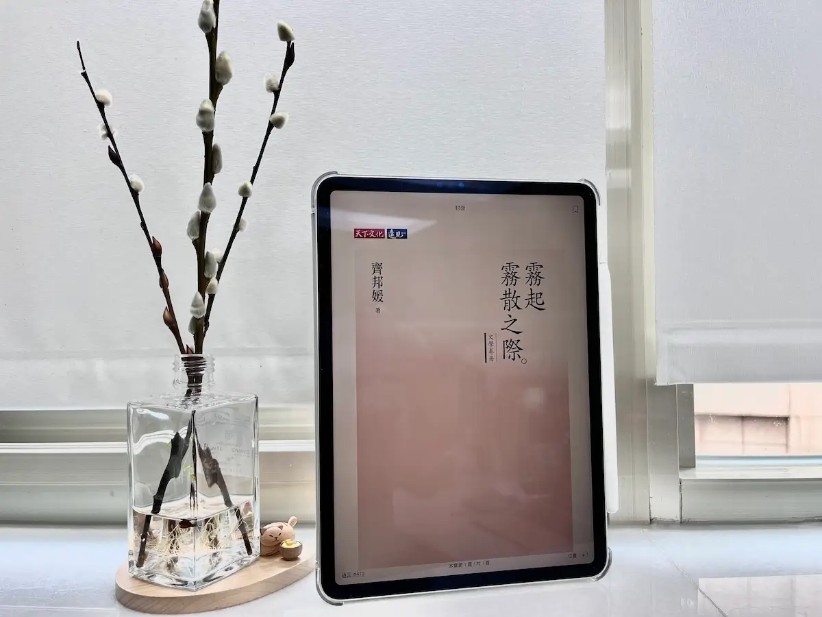這是一台立在窗邊白色大理石窗台上的iPad Pro，螢幕顯示電子書霧起霧散之際的封面，平板旁邊有一個玻璃瓶，瓶中有水，還有3枝銀柳置放在木質底座上
