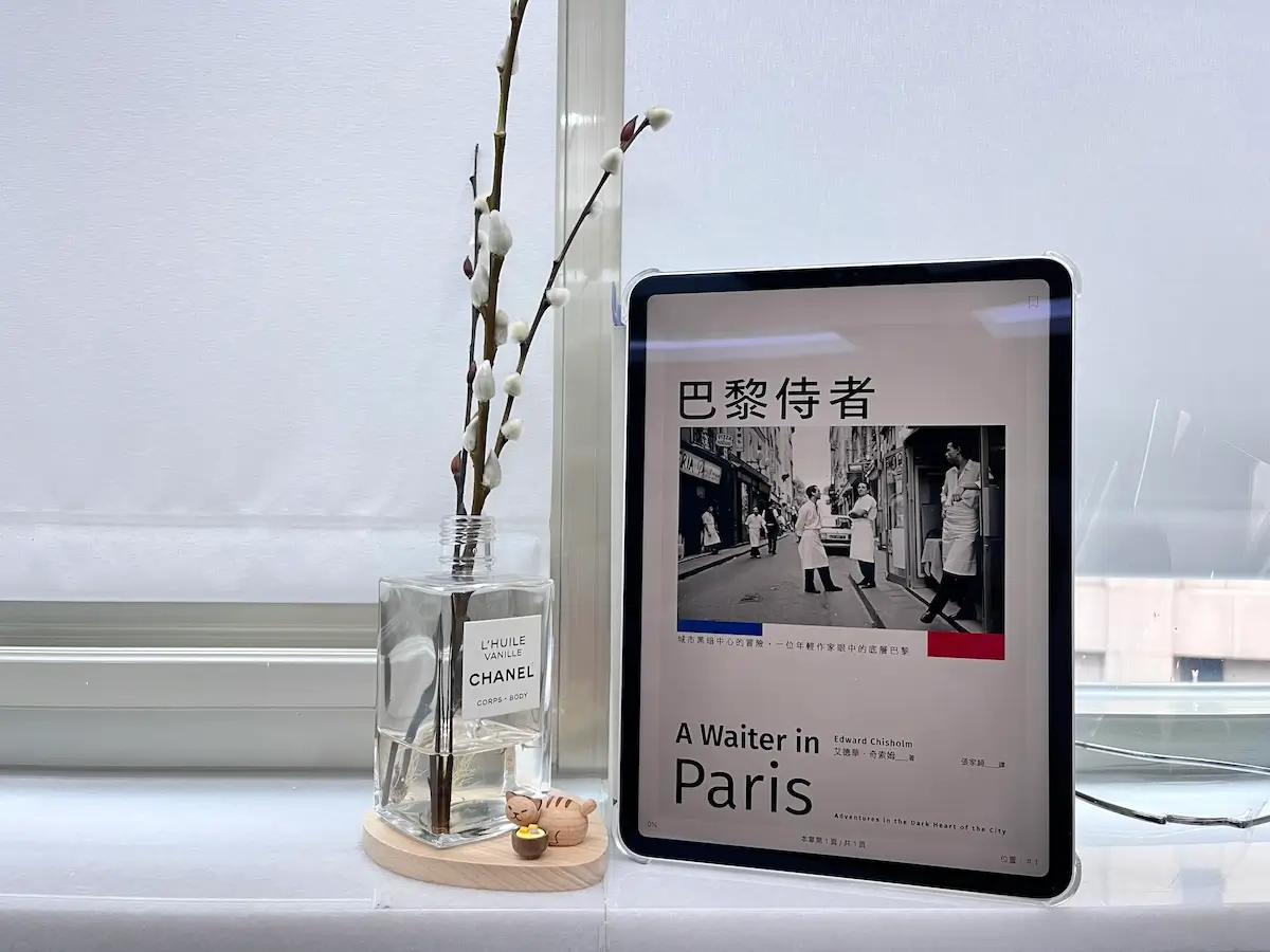 這是一台立在窗邊白色大理石窗台上的iPad Pro，螢幕顯示電子書巴黎侍者的封面，平板旁邊有一個玻璃瓶，瓶中有水，還有3枝銀柳置放在木質底座上